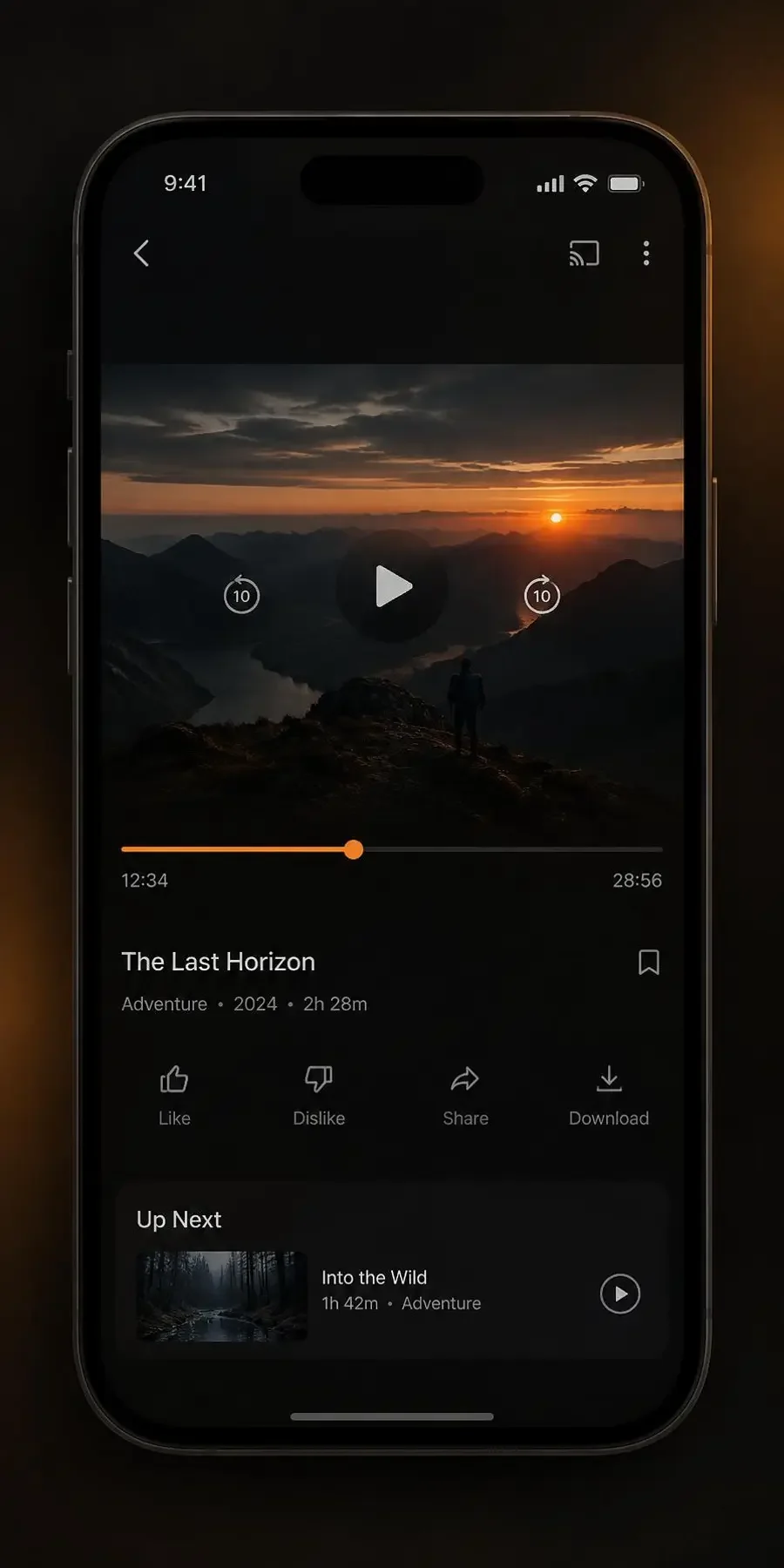 黄果短剧 APP 夜间追光播放界面示意：暖橙护眼色温，关灯看剧不刺眼